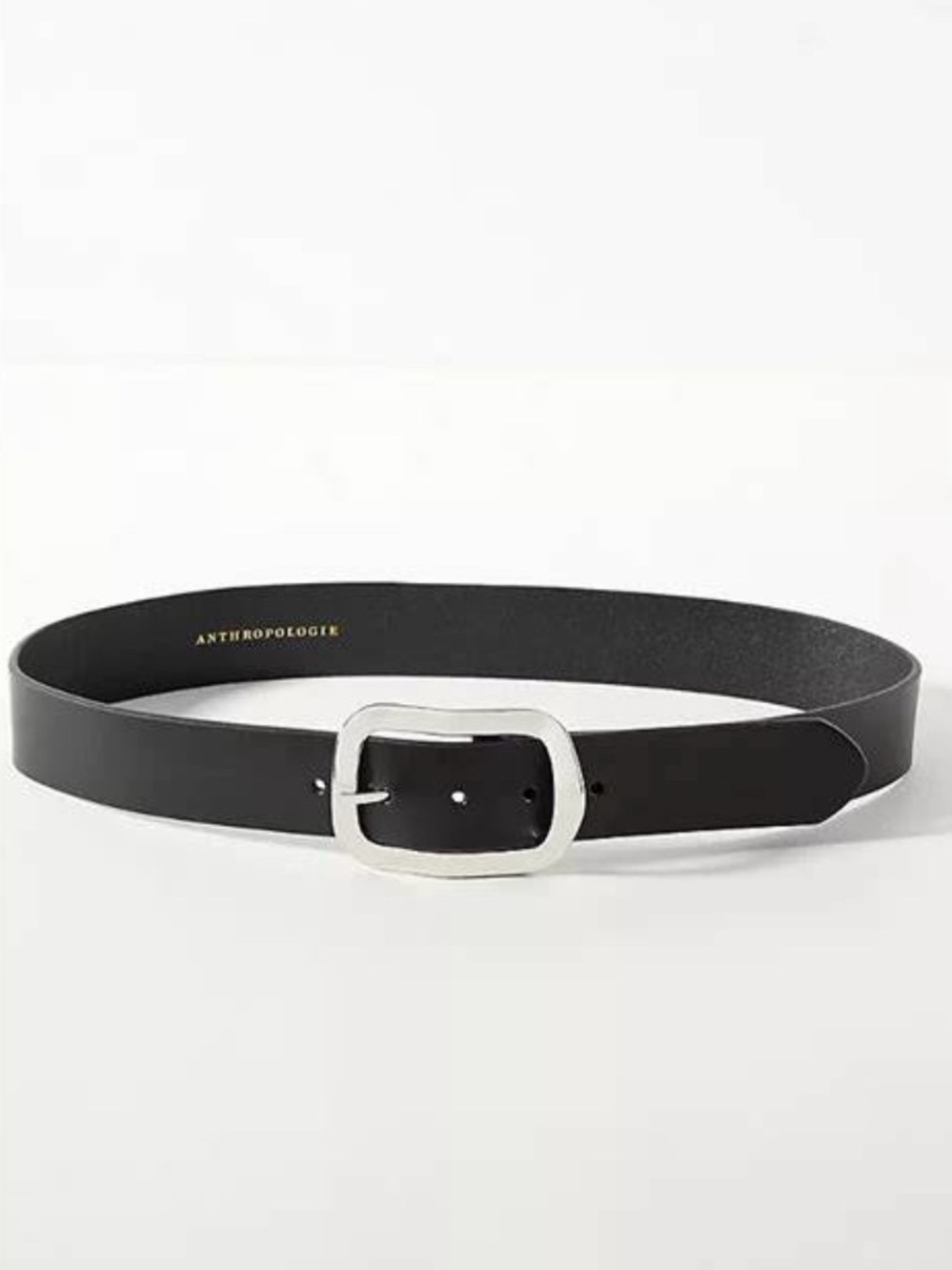 Anthropologie Black Leather Belt with Silver-Tone Square Buckle